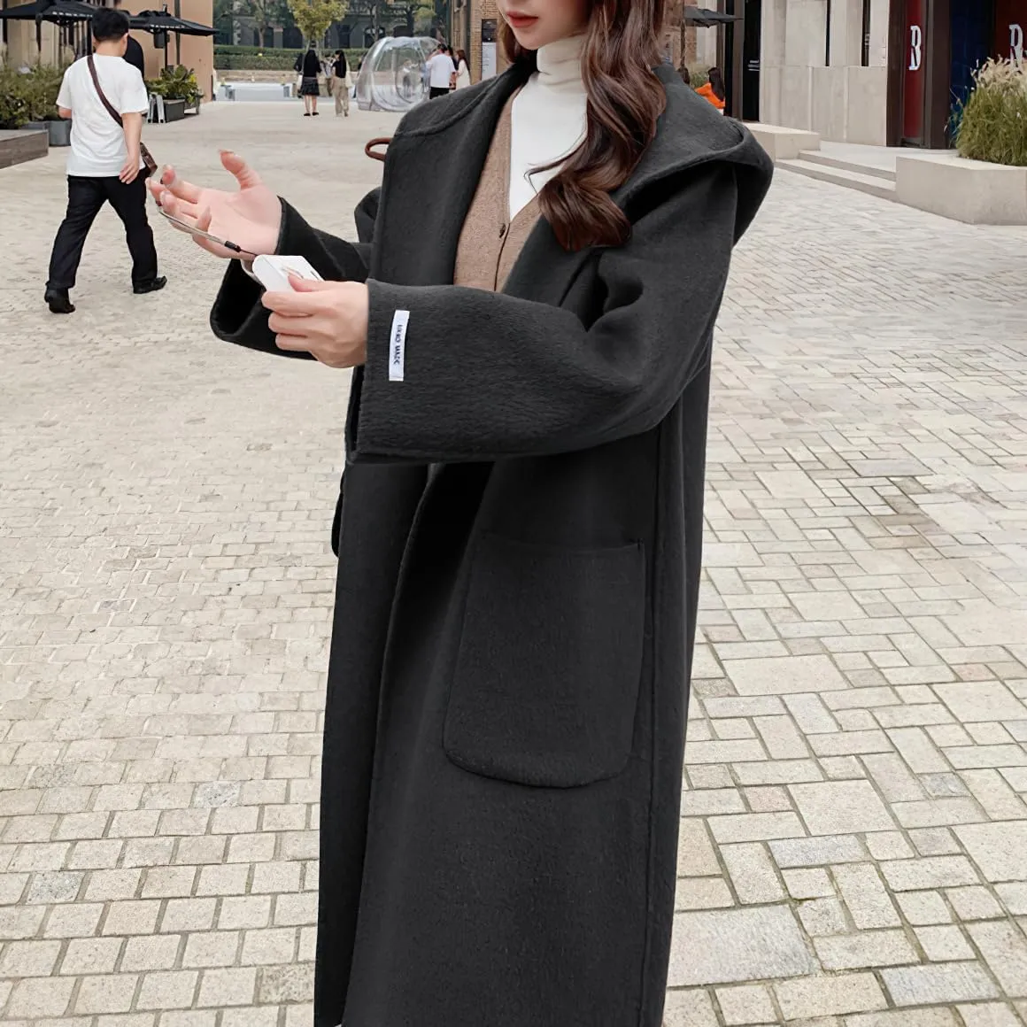 chouyatou Women's Cute Winter Wool Blend Trench Coat Mid Long Open front Hooded Coat Horn Button Overcoat