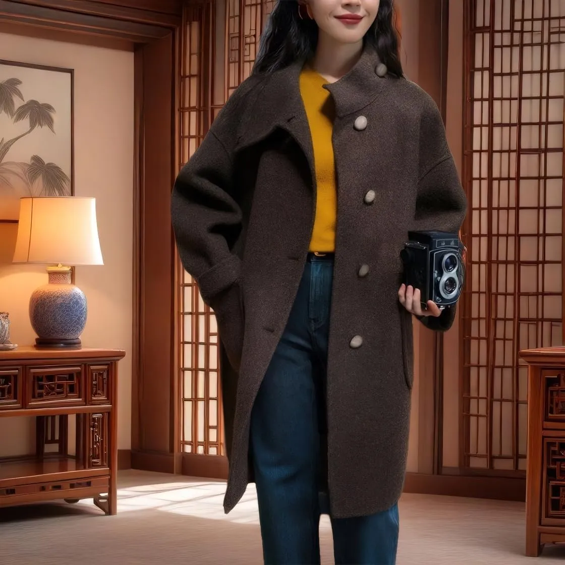 chouyatou Women's Dressy Loose Wool Blend Trench Coat Stand Collar Mid Long Coat Single Breasted Overcoat