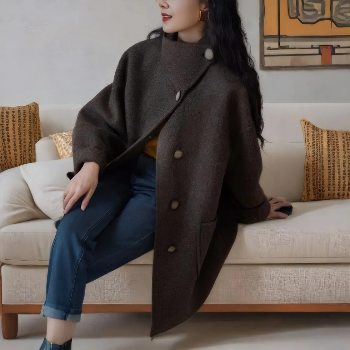 chouyatou Women's Dressy Loose Wool Blend Trench Coat Stand Collar Mid Long Coat Single Breasted Overcoat