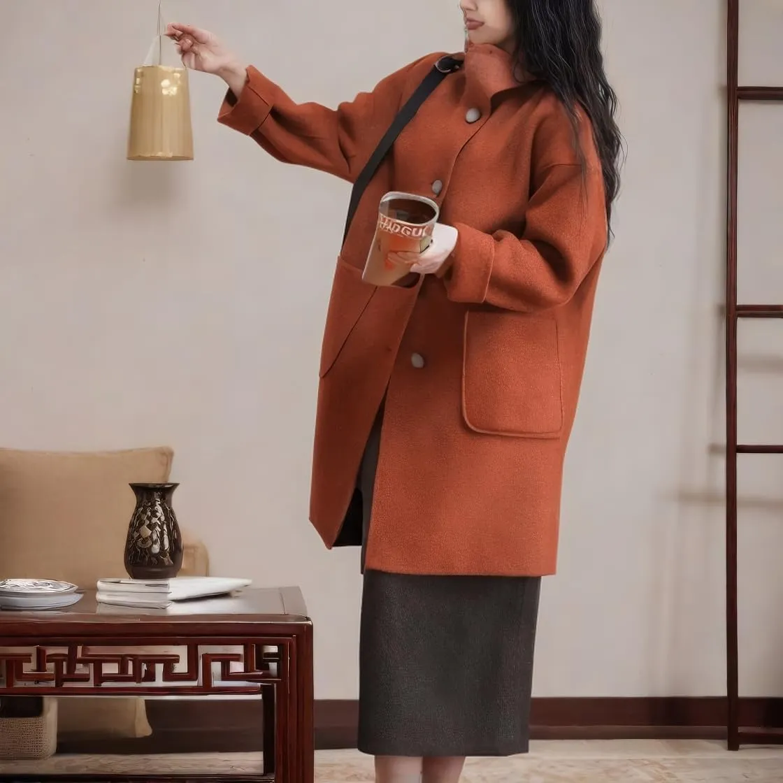 chouyatou Women's Dressy Loose Wool Blend Trench Coat Stand Collar Mid Long Coat Single Breasted Overcoat