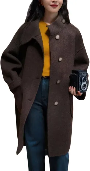 chouyatou Women's Dressy Loose Wool Blend Trench Coat Stand Collar Mid Long Coat Single Breasted Overcoat