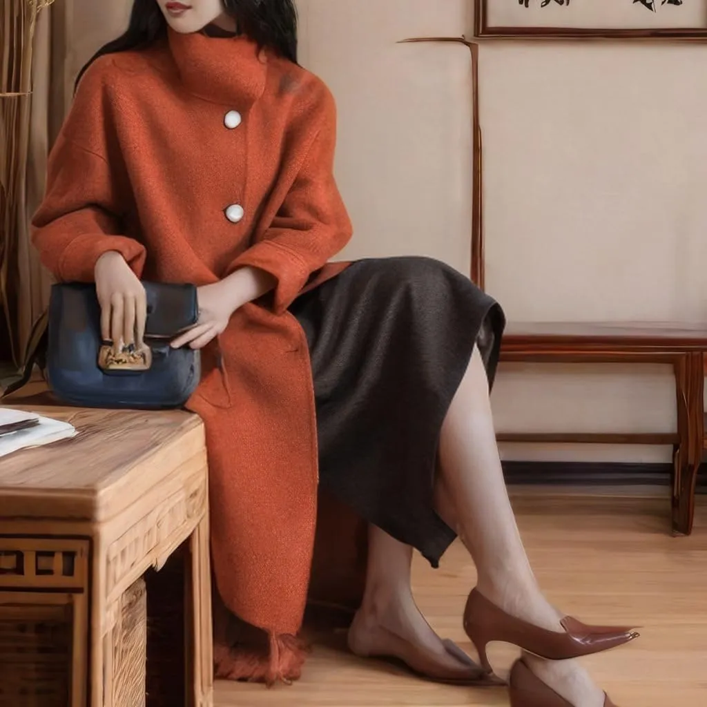 chouyatou Women's Dressy Loose Wool Blend Trench Coat Stand Collar Mid Long Coat Single Breasted Overcoat