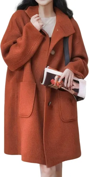 chouyatou Women's Dressy Loose Wool Blend Trench Coat Stand Collar Mid Long Coat Single Breasted Overcoat