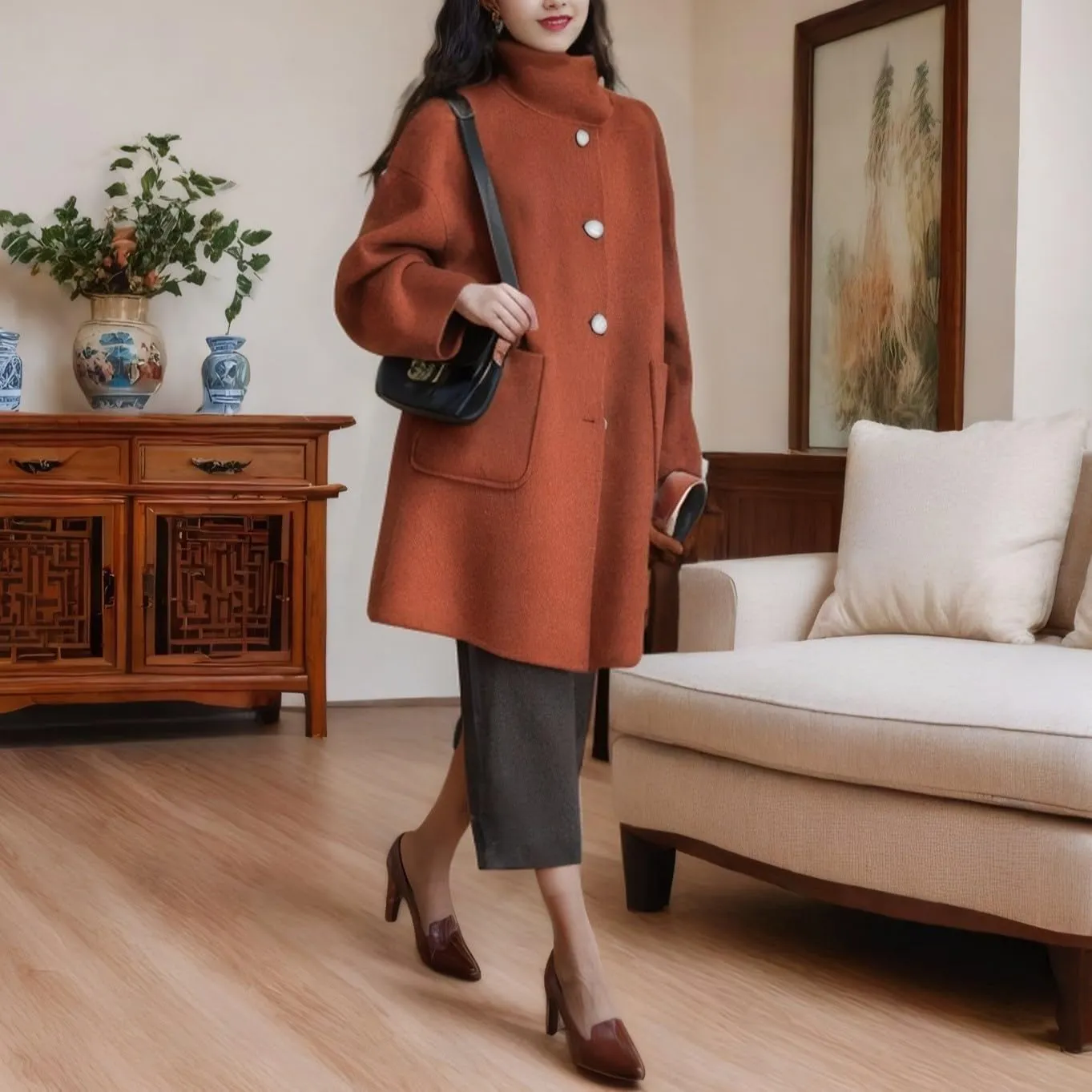 chouyatou Women's Dressy Loose Wool Blend Trench Coat Stand Collar Mid Long Coat Single Breasted Overcoat