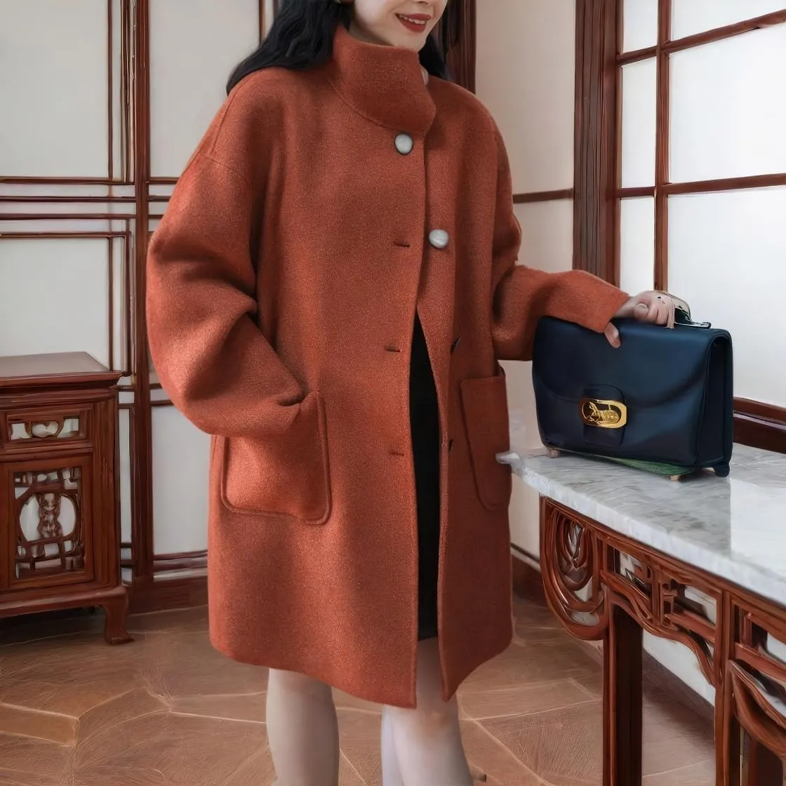 chouyatou Women's Dressy Loose Wool Blend Trench Coat Stand Collar Mid Long Coat Single Breasted Overcoat