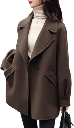 chouyatou Women's Dressy Wool Blend Coat Notch Lapel Overcoat Loose Warm Single Breasted Trench Coat
