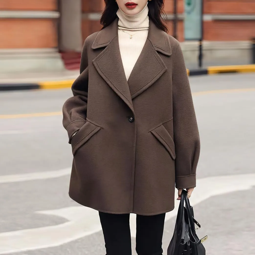 chouyatou Women's Dressy Wool Blend Coat Notch Lapel Overcoat Loose Warm Single Breasted Trench Coat