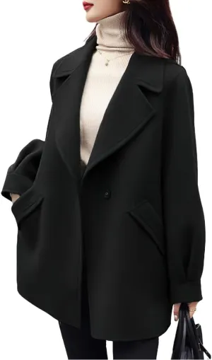 chouyatou Women's Dressy Wool Blend Coat Notch Lapel Overcoat Loose Warm Single Breasted Trench Coat