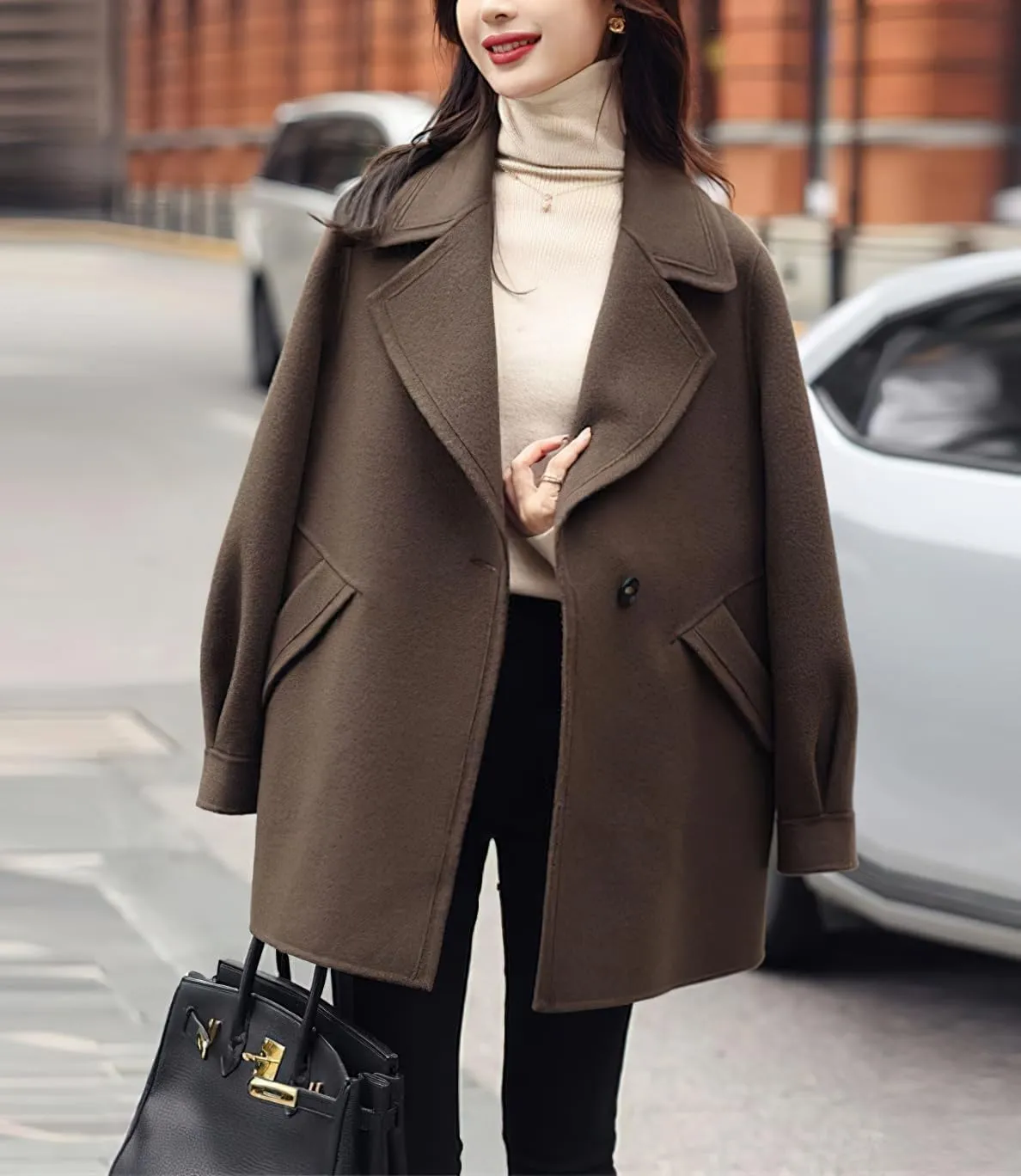 chouyatou Women's Dressy Wool Blend Coat Notch Lapel Overcoat Loose Warm Single Breasted Trench Coat