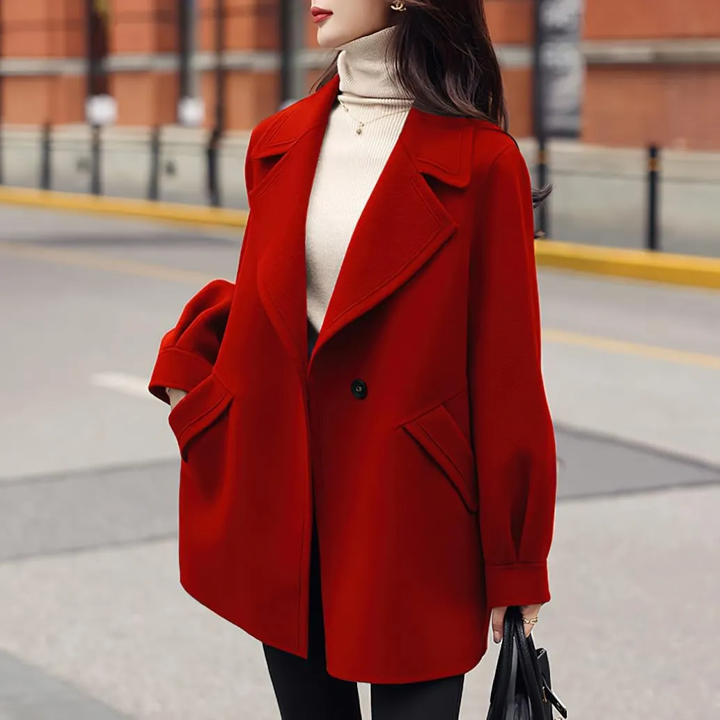 chouyatou Women's Dressy Wool Blend Coat Notch Lapel Overcoat Loose Warm Single Breasted Trench Coat