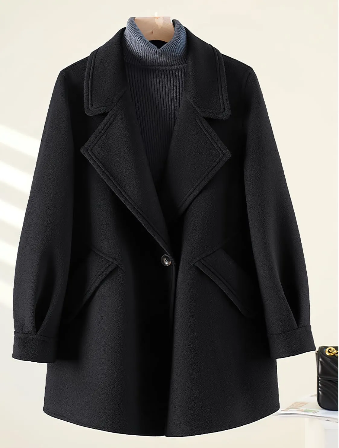 chouyatou Women's Dressy Wool Blend Coat Notch Lapel Overcoat Loose Warm Single Breasted Trench Coat