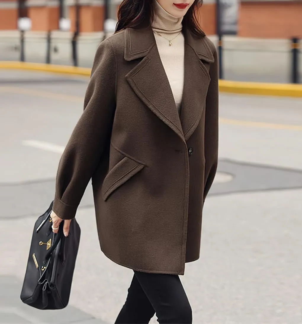 chouyatou Women's Dressy Wool Blend Coat Notch Lapel Overcoat Loose Warm Single Breasted Trench Coat