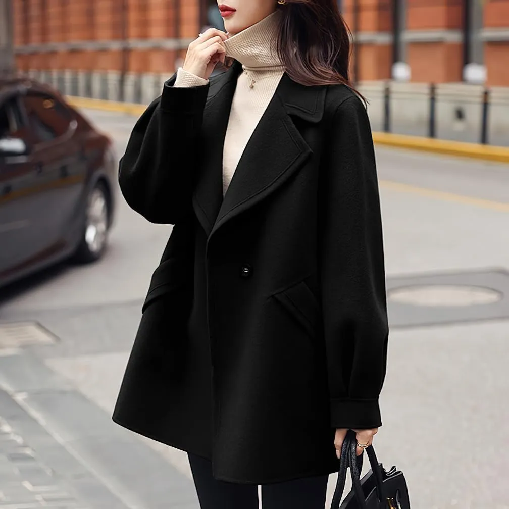 chouyatou Women's Dressy Wool Blend Coat Notch Lapel Overcoat Loose Warm Single Breasted Trench Coat