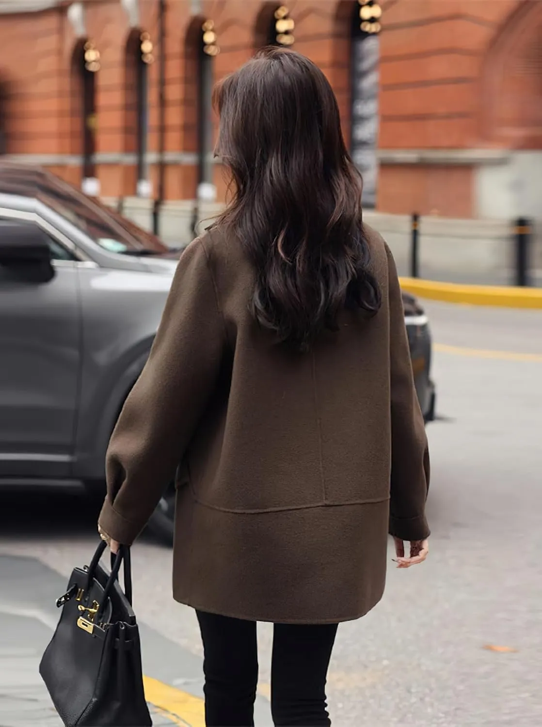 chouyatou Women's Dressy Wool Blend Coat Notch Lapel Overcoat Loose Warm Single Breasted Trench Coat