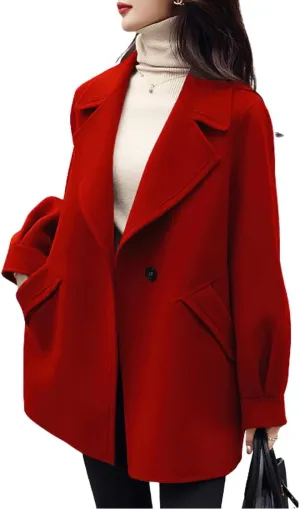 chouyatou Women's Dressy Wool Blend Coat Notch Lapel Overcoat Loose Warm Single Breasted Trench Coat