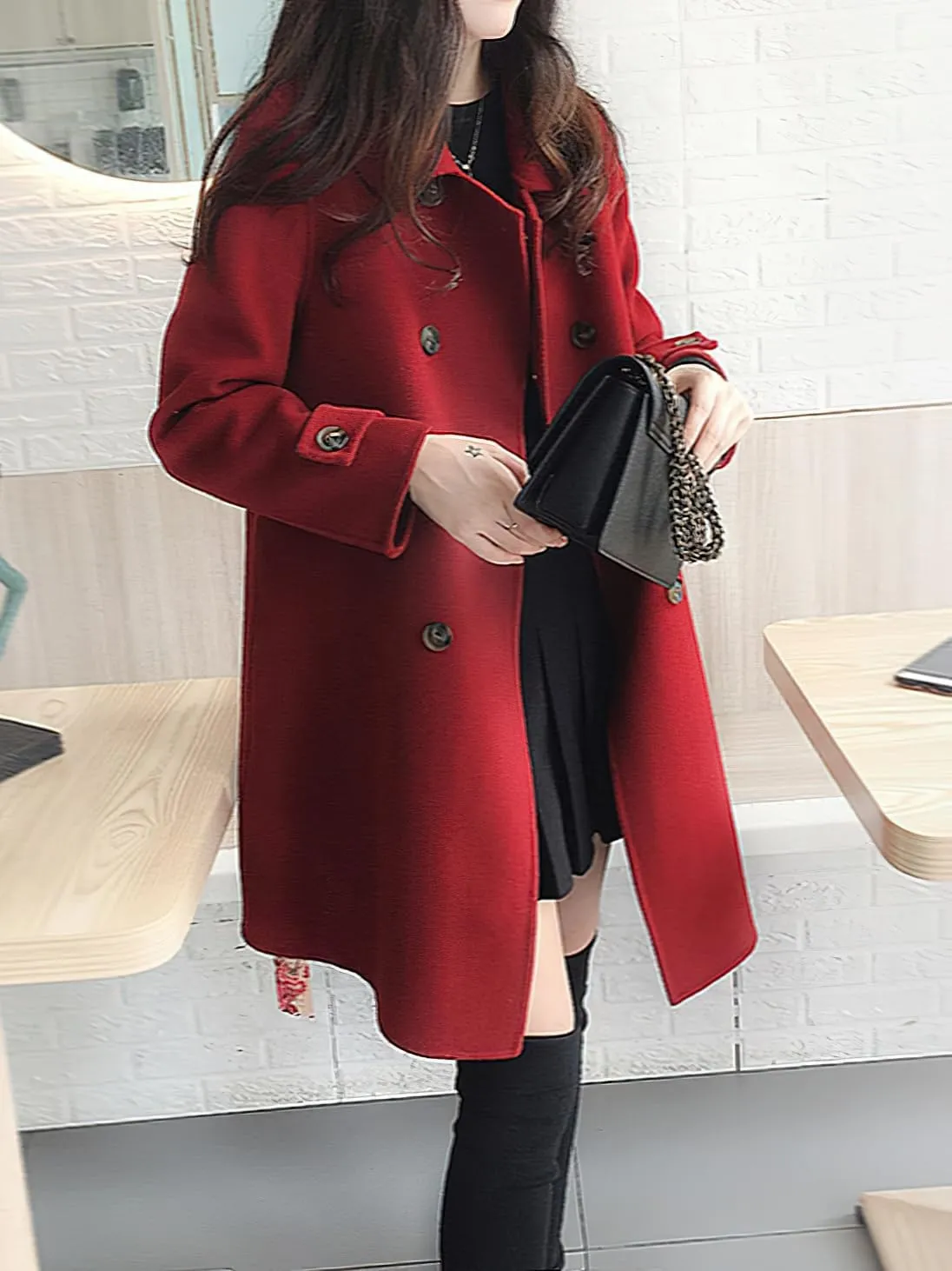 chouyatou Women's Elegant Lapel Collar Overcoat Mid Long Double Breasted Pea Coat Wool Blend Trench Coat