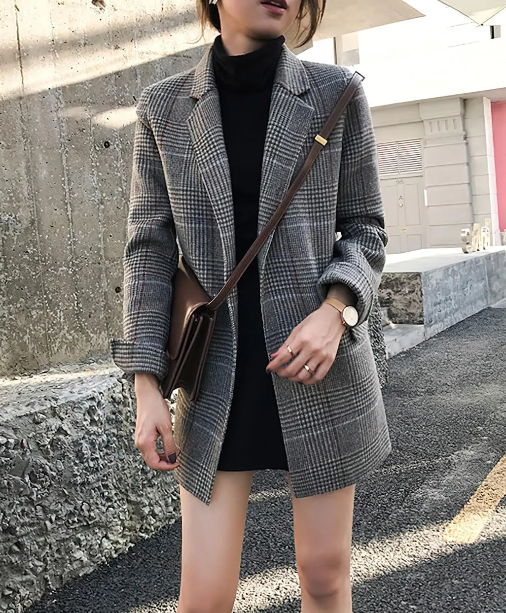 chouyatou Women's Elegant Plaid Wool Blend Casual Business Blazer Jacket Notch Lapel Dressy Work Coat
