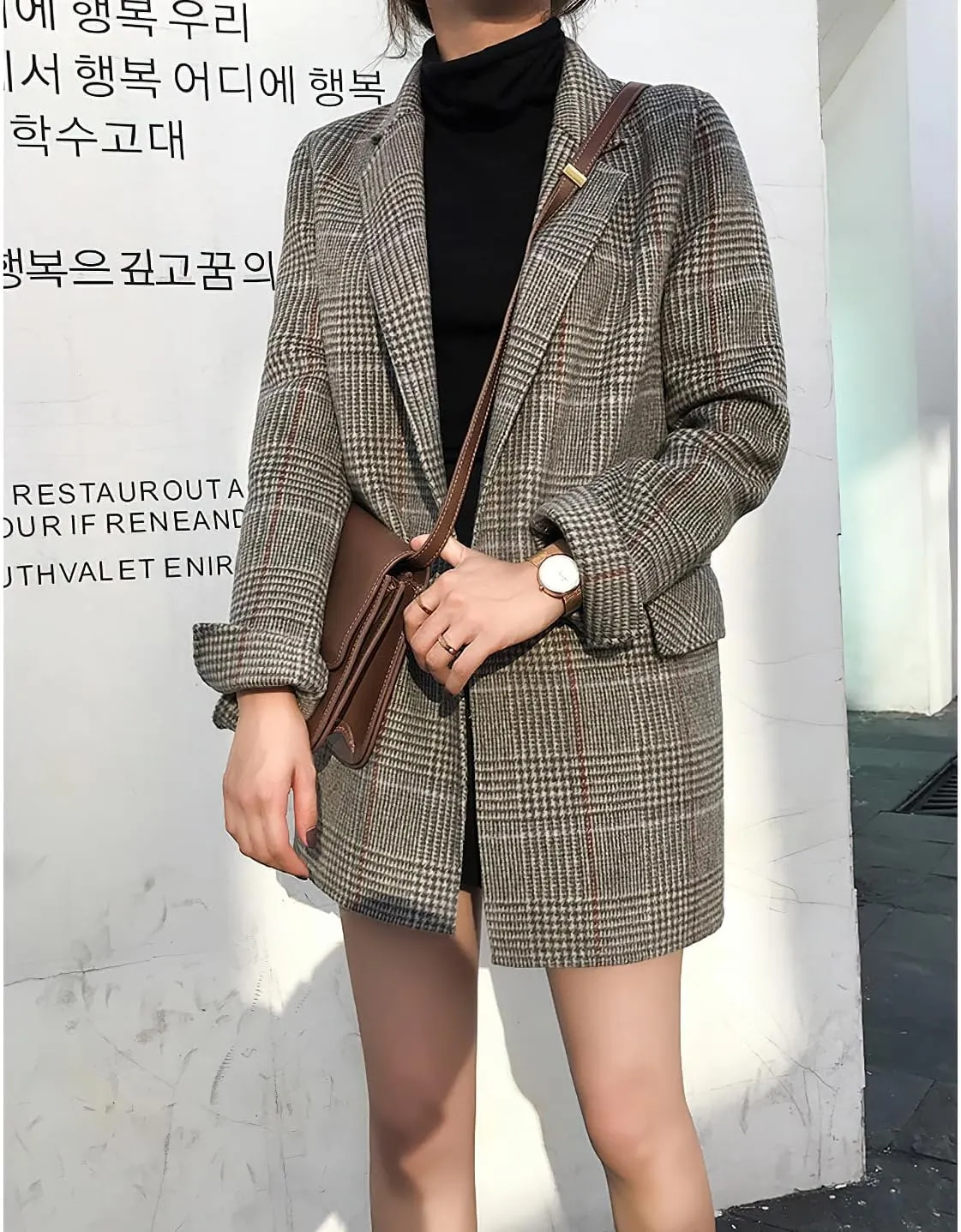 chouyatou Women's Elegant Plaid Wool Blend Casual Business Blazer Jacket Notch Lapel Dressy Work Coat