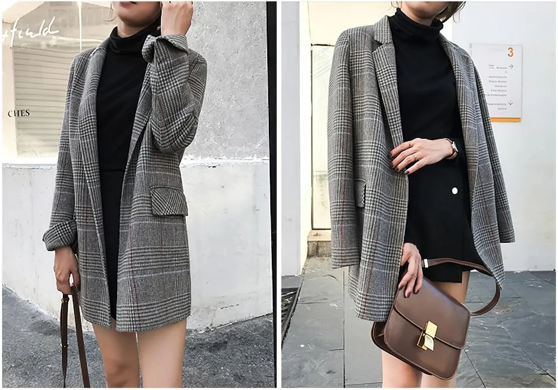 chouyatou Women's Elegant Plaid Wool Blend Casual Business Blazer Jacket Notch Lapel Dressy Work Coat