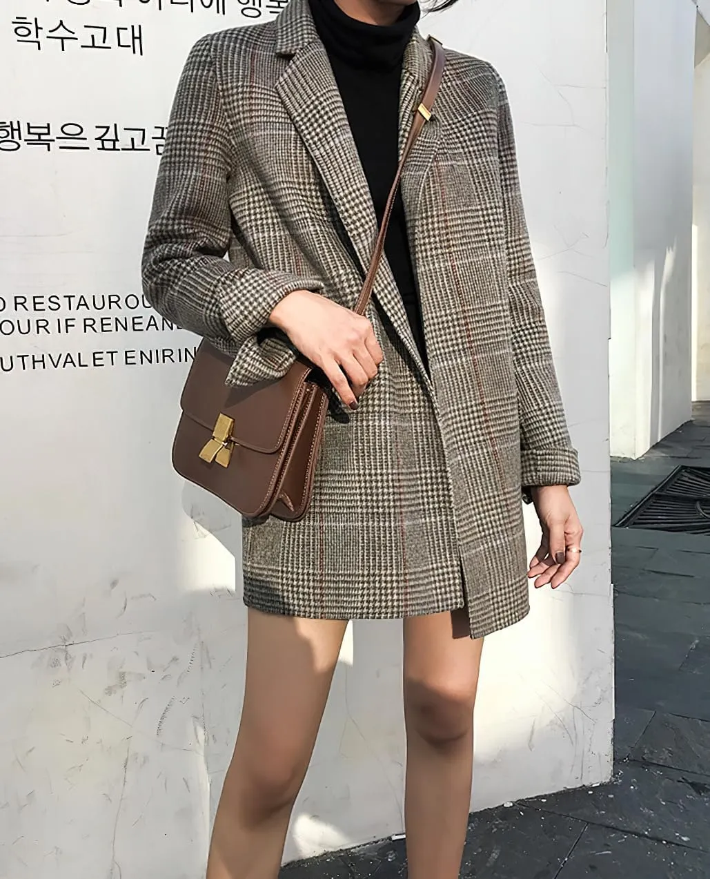 chouyatou Women's Elegant Plaid Wool Blend Casual Business Blazer Jacket Notch Lapel Dressy Work Coat