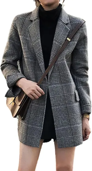 chouyatou Women's Elegant Plaid Wool Blend Casual Business Blazer Jacket Notch Lapel Dressy Work Coat