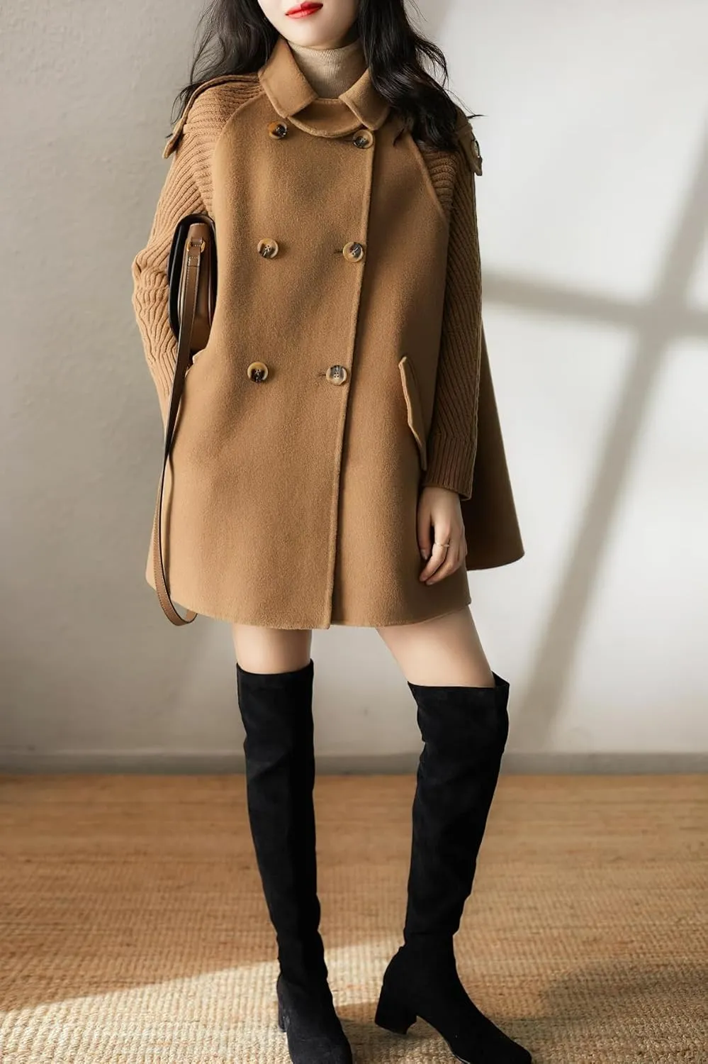 chouyatou Womens Fall Winter Knit Splicing Lapel Overcoat Mid Long Double Breasted Pea Coat Wool Blend Trench Coat