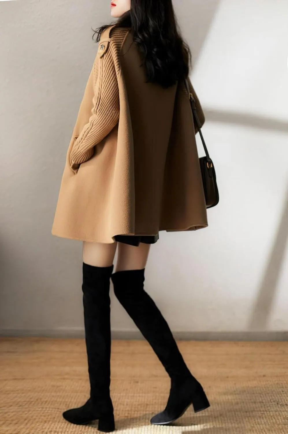 chouyatou Womens Fall Winter Knit Splicing Lapel Overcoat Mid Long Double Breasted Pea Coat Wool Blend Trench Coat