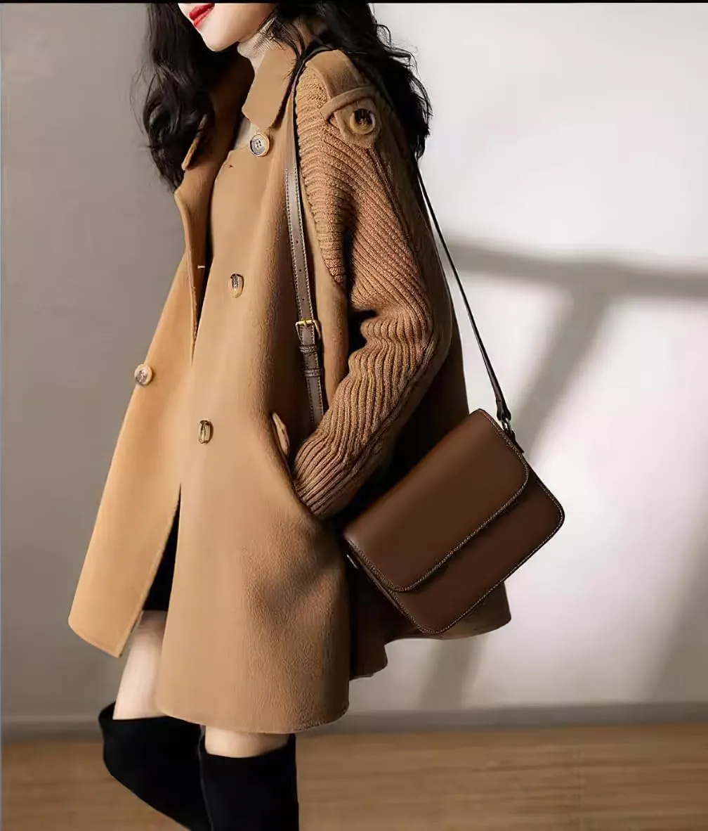 chouyatou Womens Fall Winter Knit Splicing Lapel Overcoat Mid Long Double Breasted Pea Coat Wool Blend Trench Coat