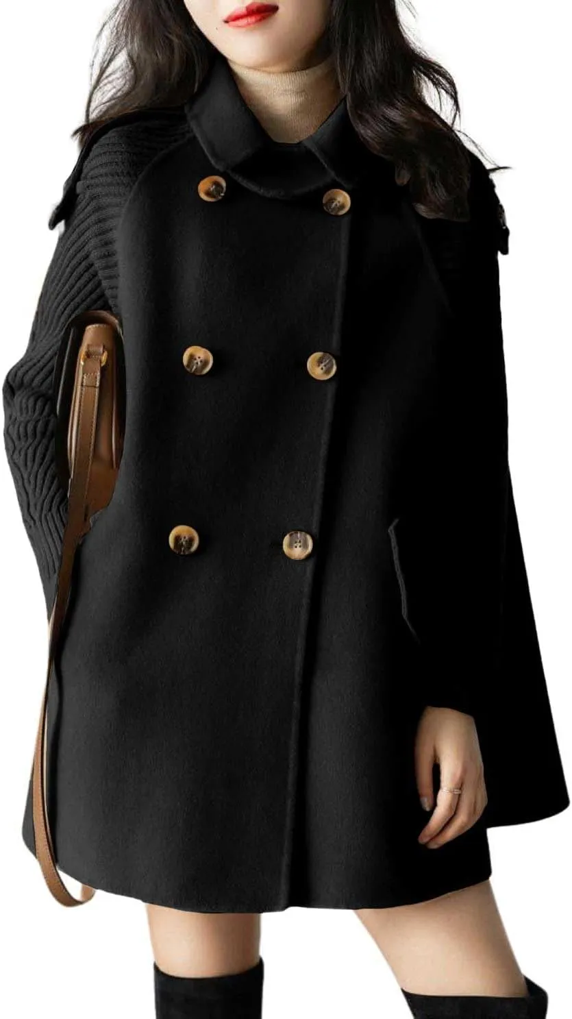 chouyatou Womens Fall Winter Knit Splicing Lapel Overcoat Mid Long Double Breasted Pea Coat Wool Blend Trench Coat