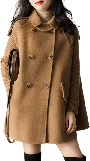 chouyatou Womens Fall Winter Knit Splicing Lapel Overcoat Mid Long Double Breasted Pea Coat Wool Blend Trench Coat