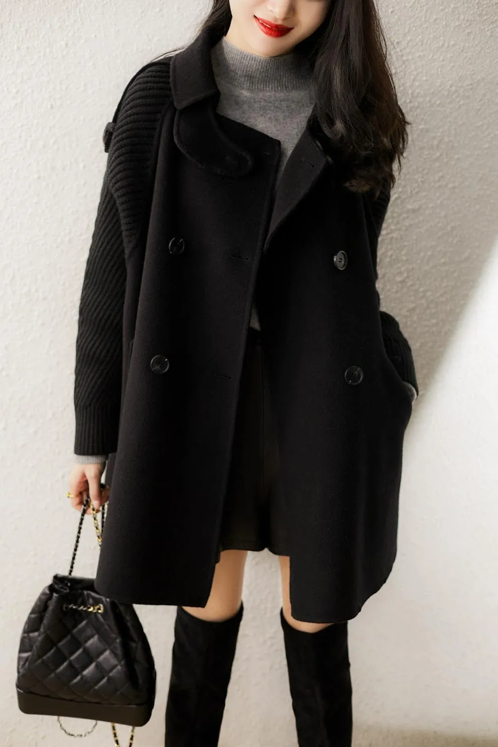 chouyatou Womens Fall Winter Knit Splicing Lapel Overcoat Mid Long Double Breasted Pea Coat Wool Blend Trench Coat
