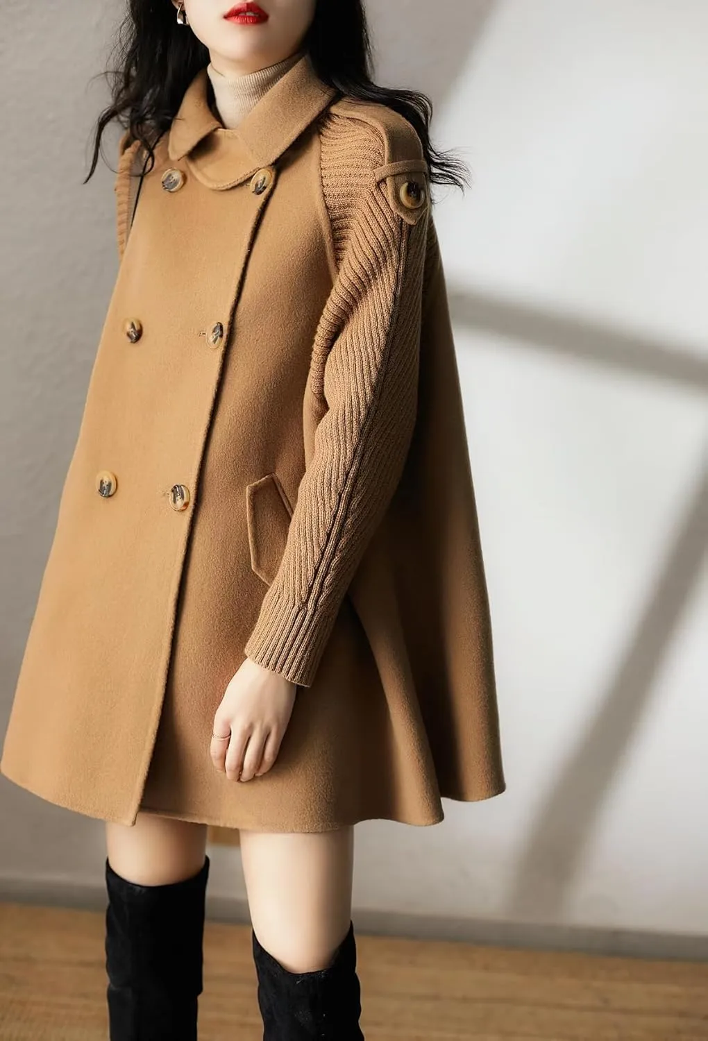 chouyatou Womens Fall Winter Knit Splicing Lapel Overcoat Mid Long Double Breasted Pea Coat Wool Blend Trench Coat