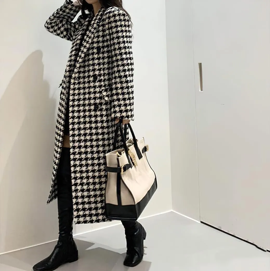 chouyatou Women's Houndstooth Wool Trench Coat Notch Lapel Maxi Long Overcoat Double Breasted Peacoat