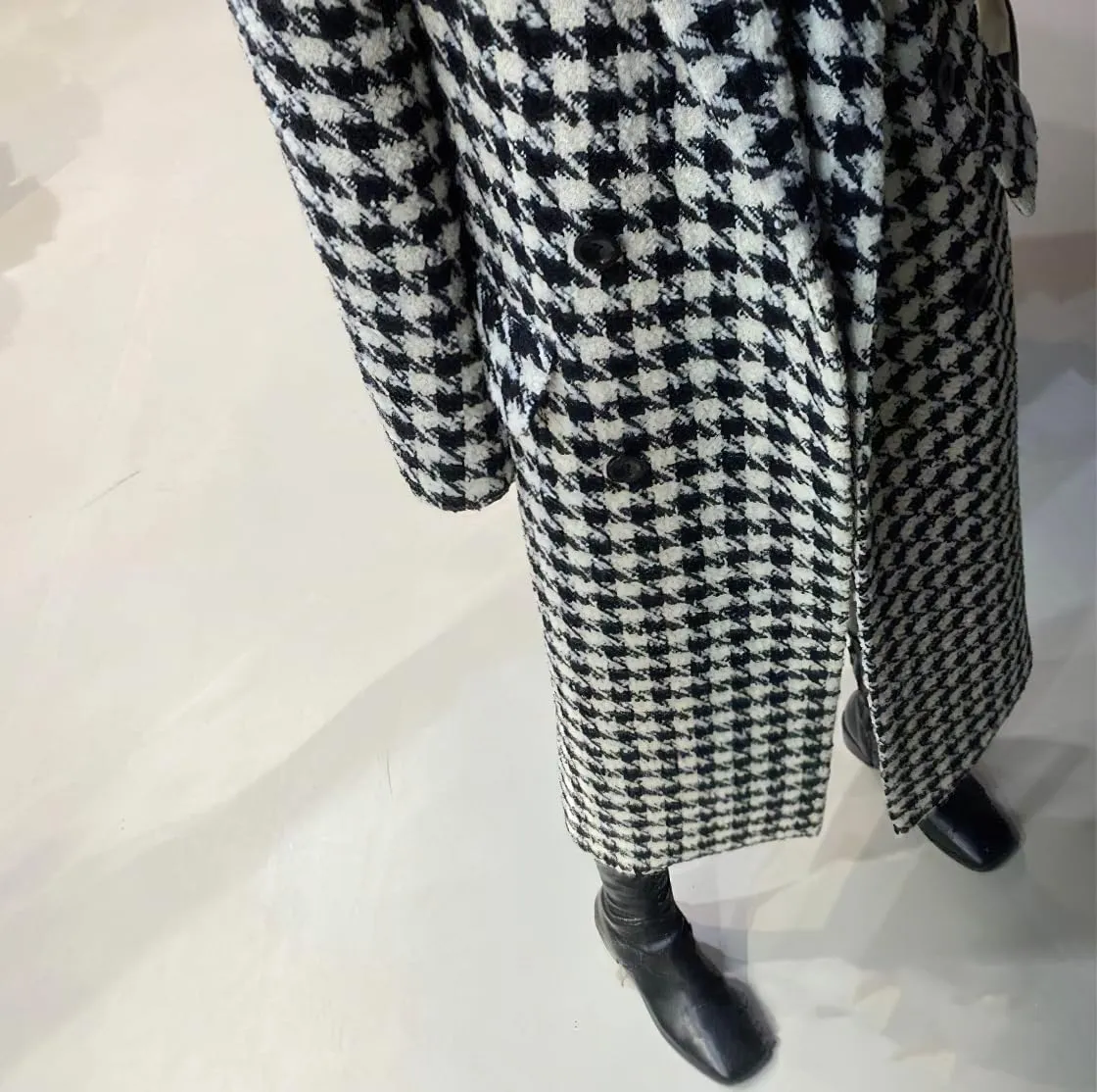 chouyatou Women's Houndstooth Wool Trench Coat Notch Lapel Maxi Long Overcoat Double Breasted Peacoat