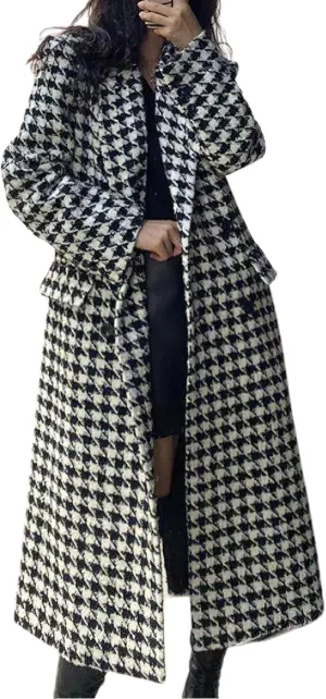 chouyatou Women's Houndstooth Wool Trench Coat Notch Lapel Maxi Long Overcoat Double Breasted Peacoat