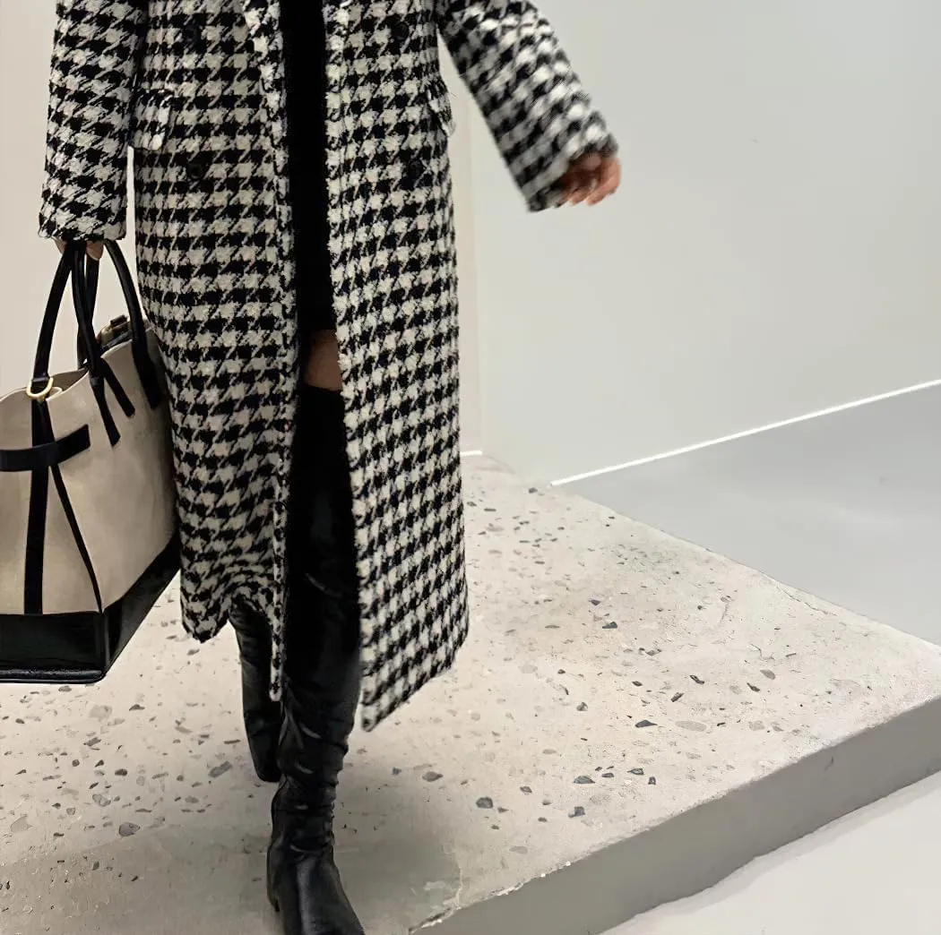chouyatou Women's Houndstooth Wool Trench Coat Notch Lapel Maxi Long Overcoat Double Breasted Peacoat