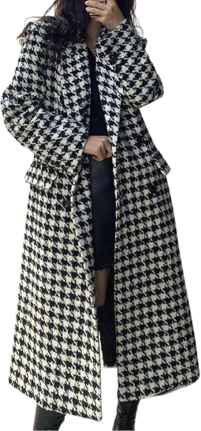 chouyatou Women's Houndstooth Wool Trench Coat Notch Lapel Maxi Long Overcoat Double Breasted Peacoat