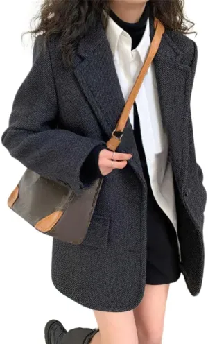 chouyatou Womens Vintage Wool Blend Casual Business Blazer Jacket Notch Lapel Dressy Work Trench Coat
