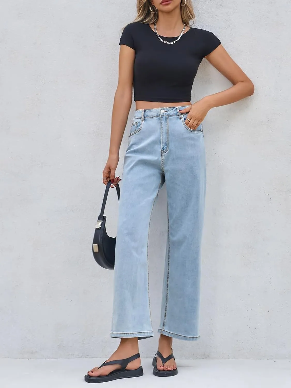 Cicy Bell Womens Baggy Horseshoe Jeans Boyfriend Wide Leg Vintage Mid Rise Cropped Denim Pants