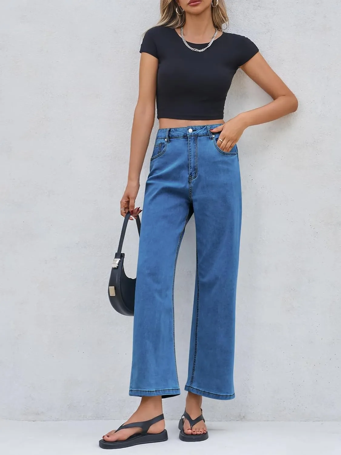 Cicy Bell Womens Baggy Horseshoe Jeans Boyfriend Wide Leg Vintage Mid Rise Cropped Denim Pants