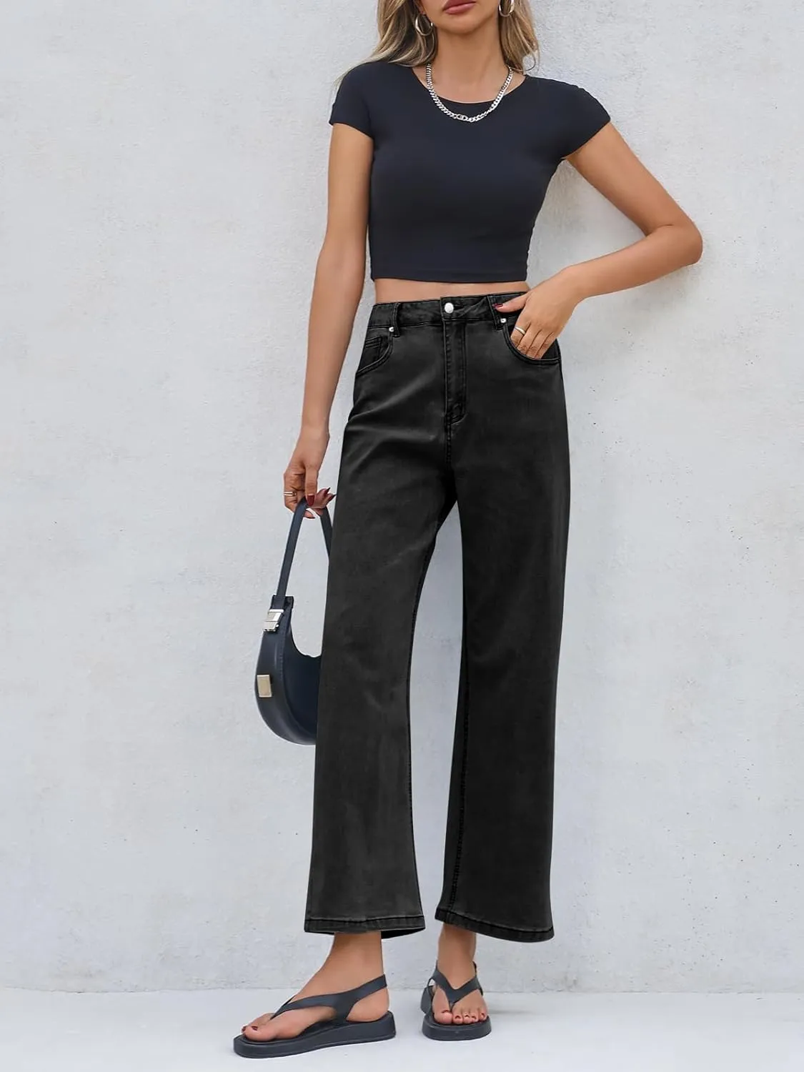 Cicy Bell Womens Baggy Horseshoe Jeans Boyfriend Wide Leg Vintage Mid Rise Cropped Denim Pants