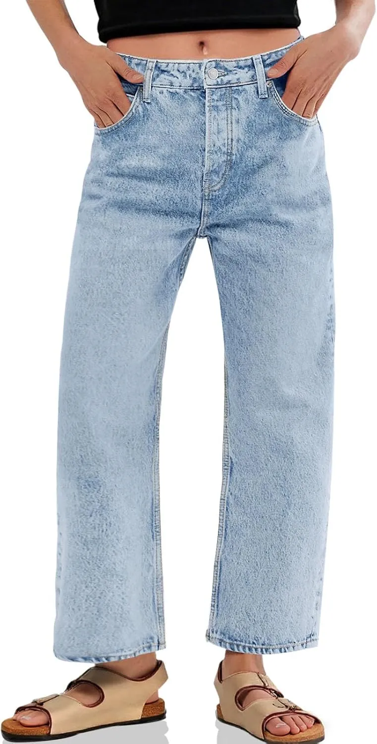 Cicy Bell Womens Baggy Horseshoe Jeans Boyfriend Wide Leg Vintage Mid Rise Cropped Denim Pants