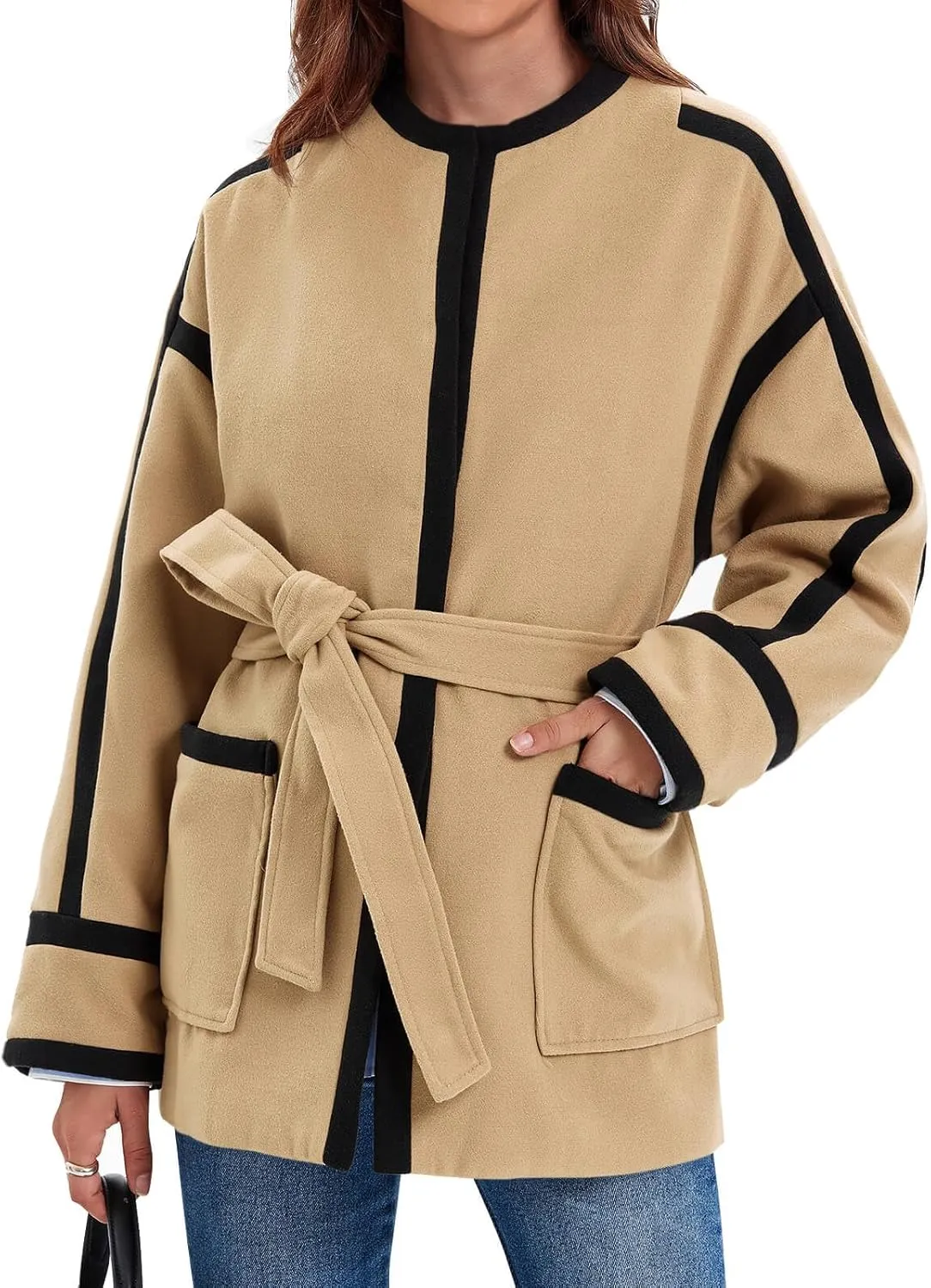 Cicy Bell Womens Belted Wool Jacket Trendy Contrast Trim Peacoat Open Front 2024 Fall Trench Coat