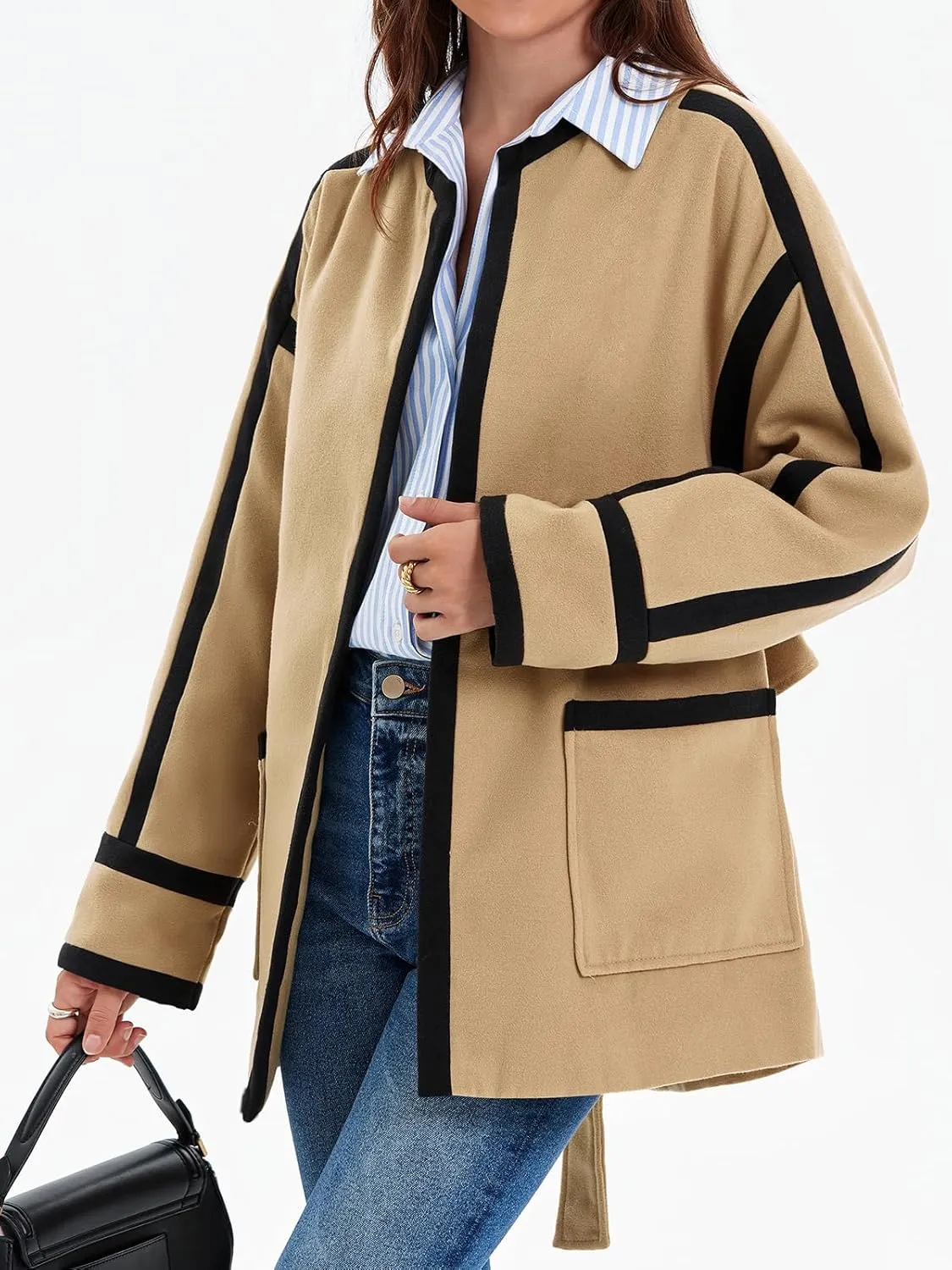 Cicy Bell Womens Belted Wool Jacket Trendy Contrast Trim Peacoat Open Front 2024 Fall Trench Coat