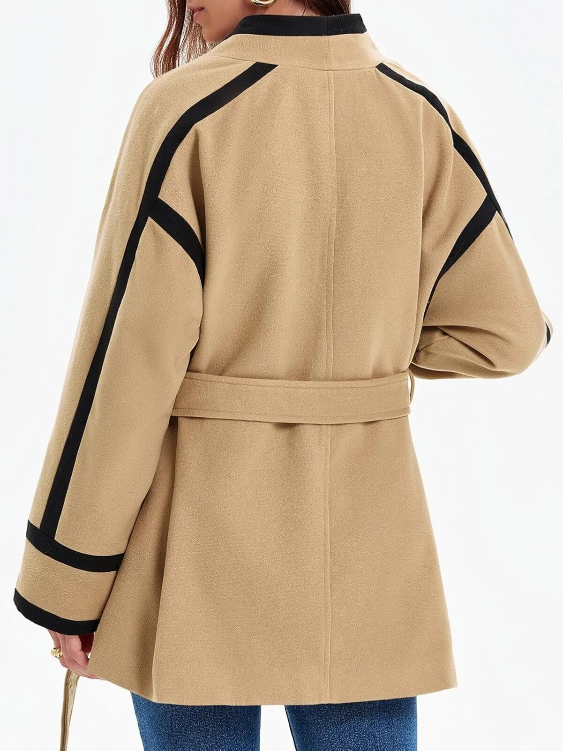 Cicy Bell Womens Belted Wool Jacket Trendy Contrast Trim Peacoat Open Front 2024 Fall Trench Coat