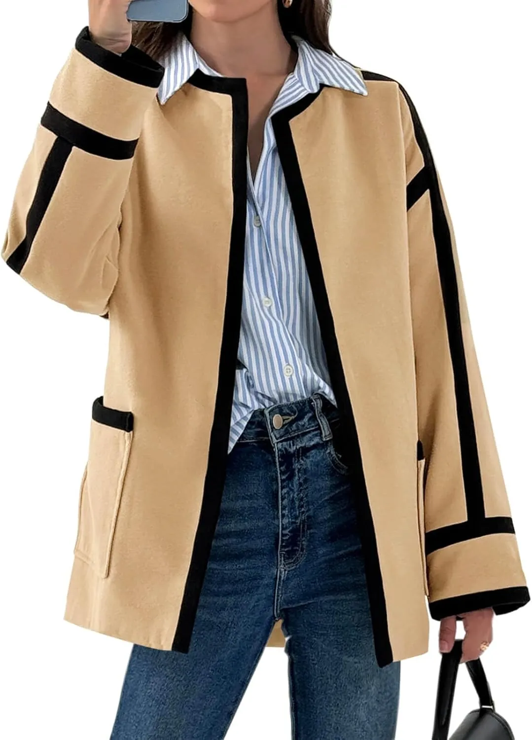 Cicy Bell Womens Belted Wool Jacket Trendy Contrast Trim Peacoat Open Front 2024 Fall Trench Coat