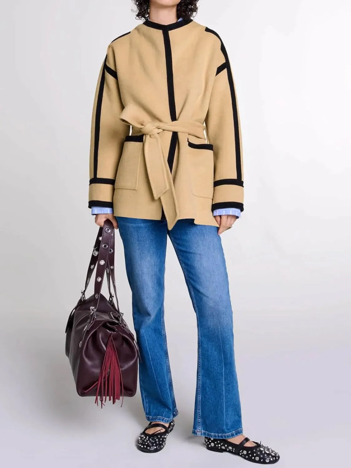 Cicy Bell Womens Belted Wool Jacket Trendy Contrast Trim Peacoat Open Front 2024 Fall Trench Coat