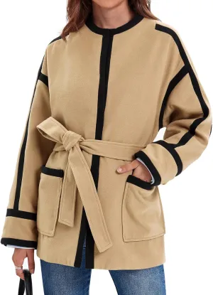 Cicy Bell Womens Belted Wool Jacket Trendy Contrast Trim Peacoat Open Front 2024 Fall Trench Coat