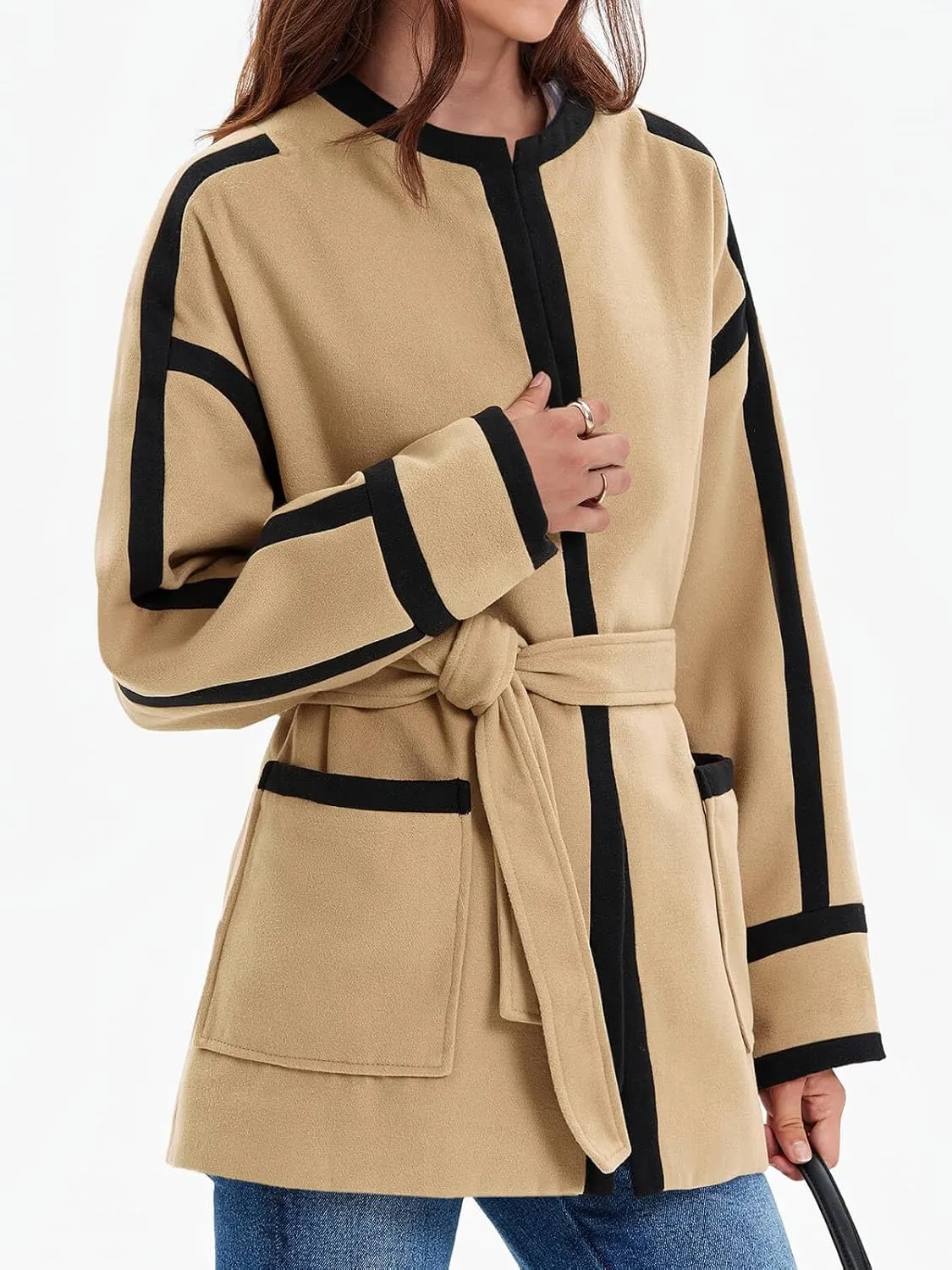 Cicy Bell Womens Belted Wool Jacket Trendy Contrast Trim Peacoat Open Front 2024 Fall Trench Coat