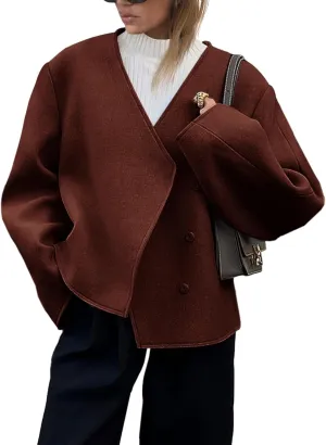 Cicy Bell Womens Cropped Wool Jackets Fall V Neck Short Pea Coats Single Breasted Outerwear Winter Outfits